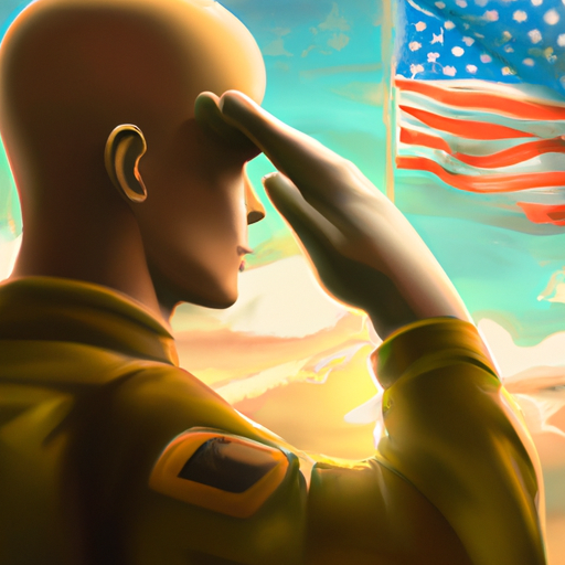 תמונה של חייל במדים, מצדיע לדגל עם רקע דגל אמריקה.