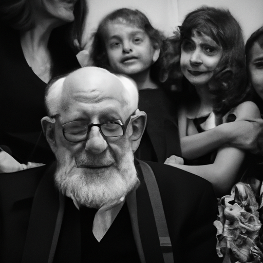 תמונה בשחור-לבן של גבר יהודי מבוגר מוקף במשפחתו, כשעל פניו מבט של הקלה.